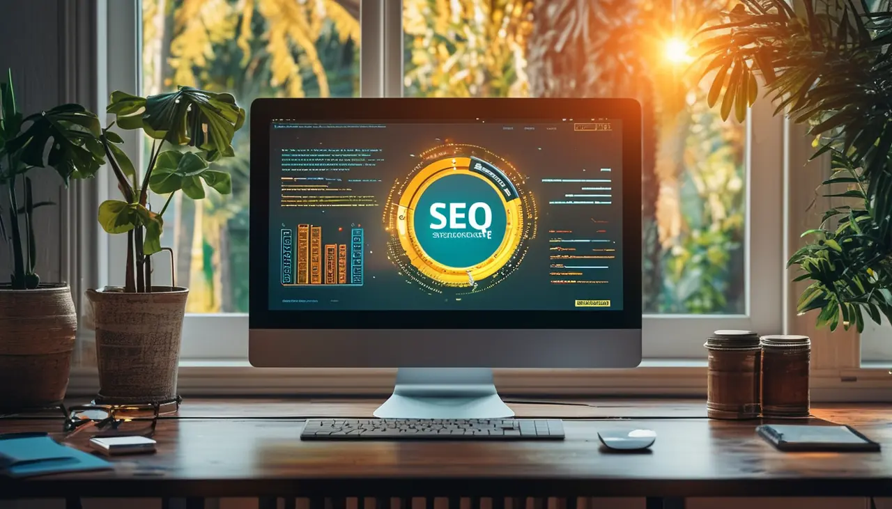 Computer on a sunlit desk displaying an SEO analytics dashboard