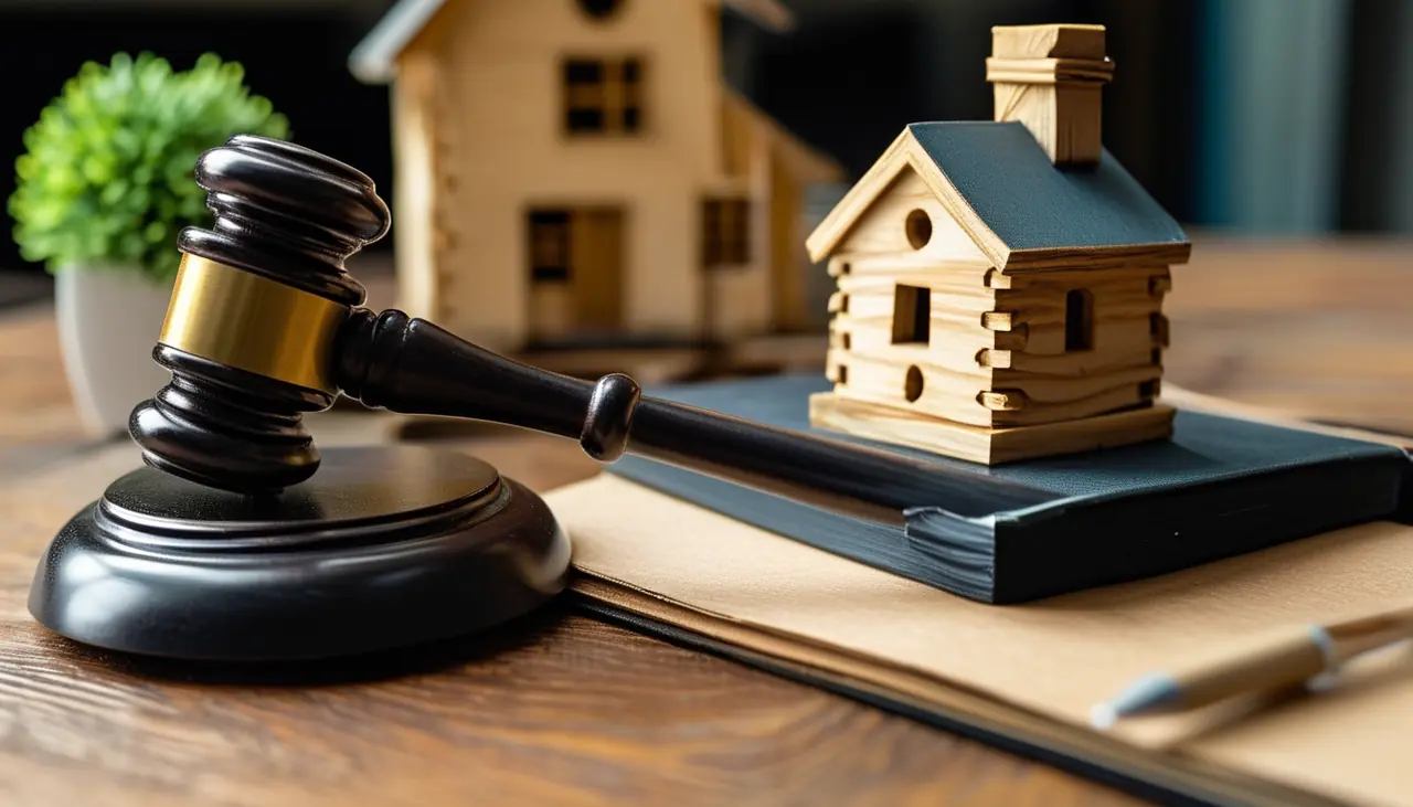 Judge's gavel beside a small wooden house model on legal documents